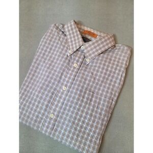 Dockers Stain Defender Brown Blue Plaid Button-Down Shirt Men's Size Large